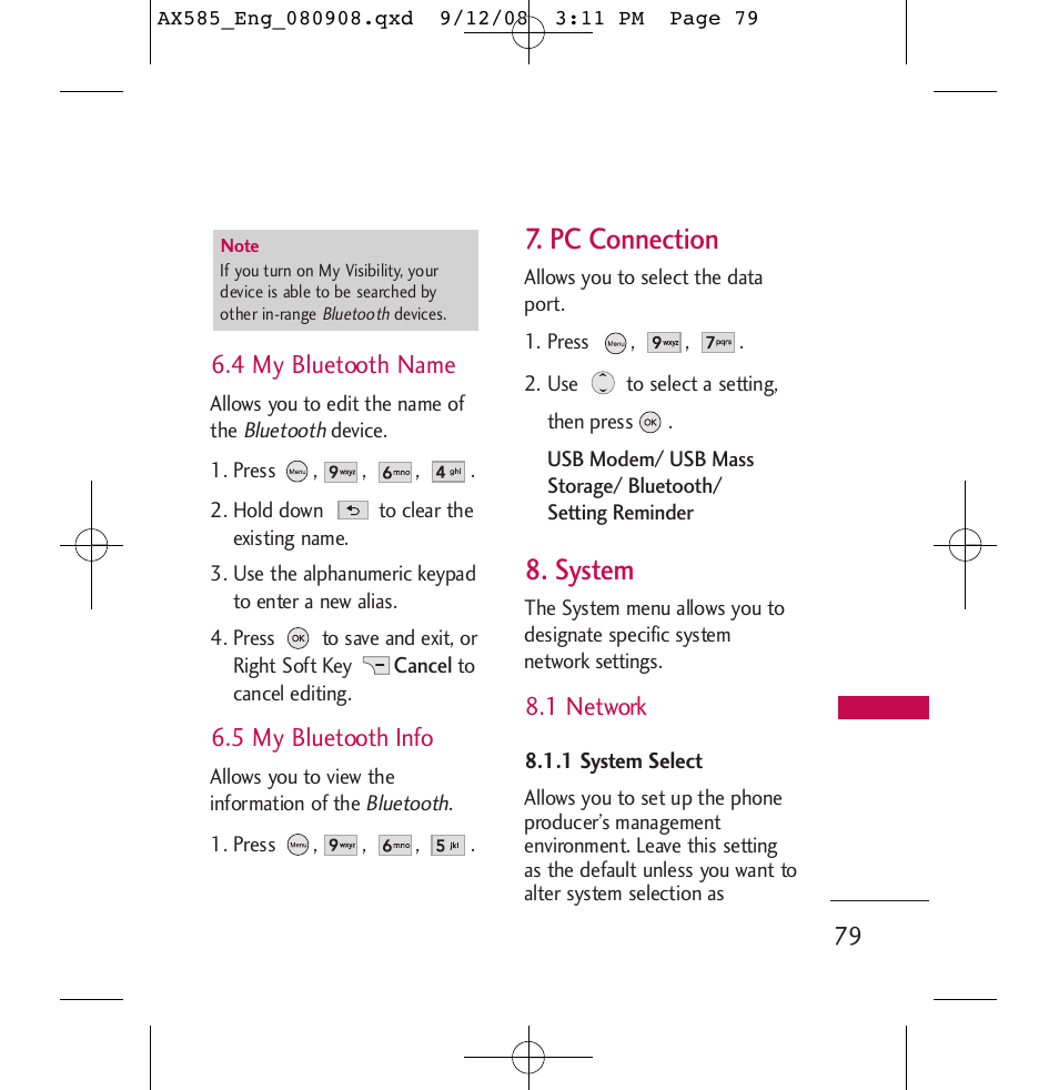 Pc connection, System, 79 6.4 my bluetooth name | 5 my bluetooth info, 1 network | LG LGAX585 User Manual | Page 79 / 119