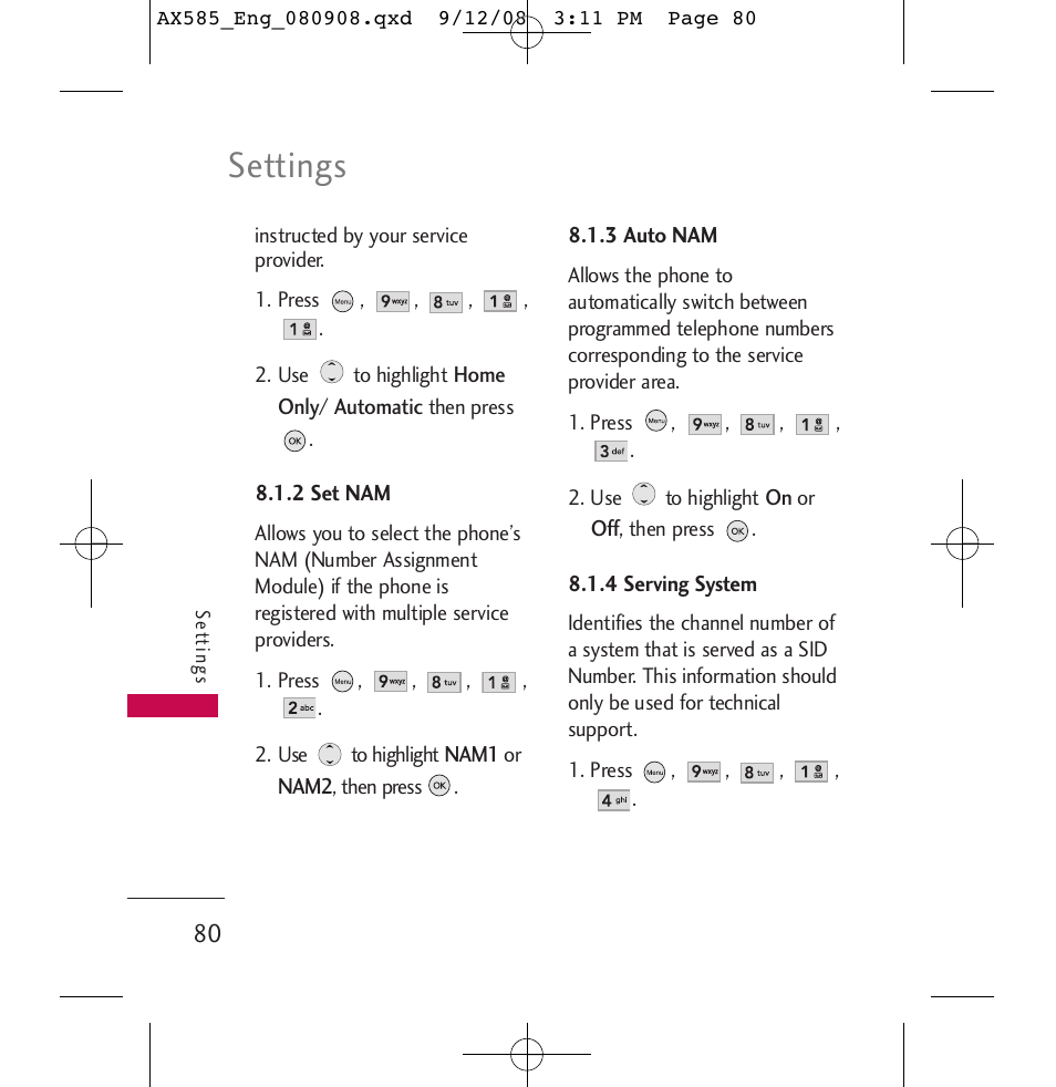 Settings | LG LGAX585 User Manual | Page 80 / 119