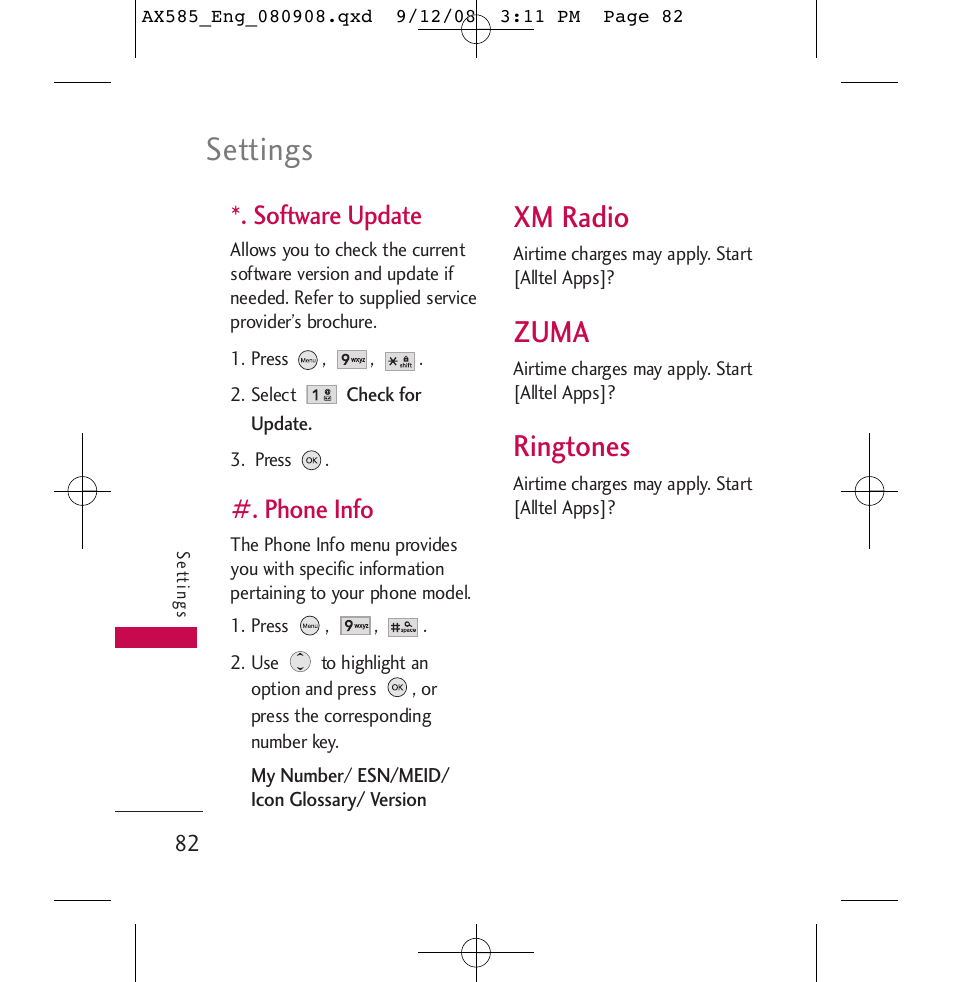 Settings, Xm radio, Zuma | Ringtones, Software update, Phone info | LG LGAX585 User Manual | Page 82 / 119