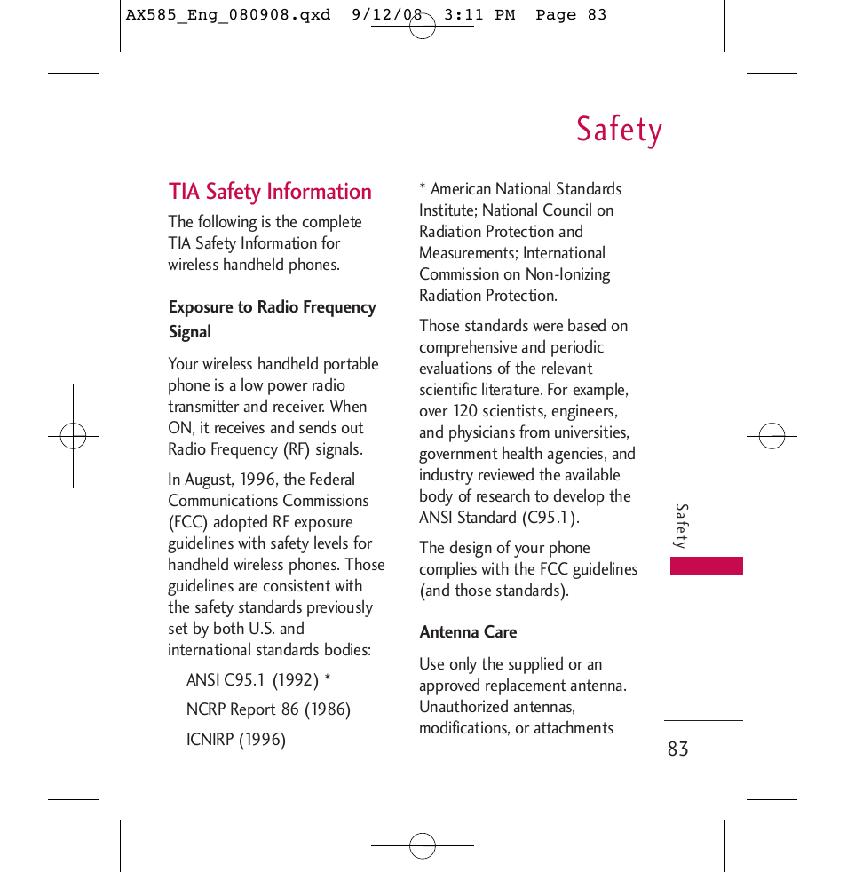 Safety, Tia safety information | LG LGAX585 User Manual | Page 83 / 119