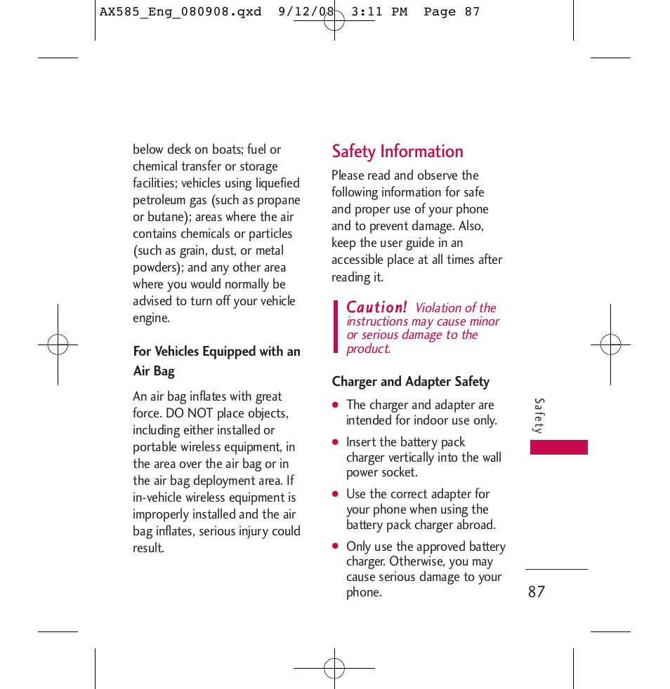 Safety information, Ccaauuttiioonn | LG LGAX585 User Manual | Page 87 / 119