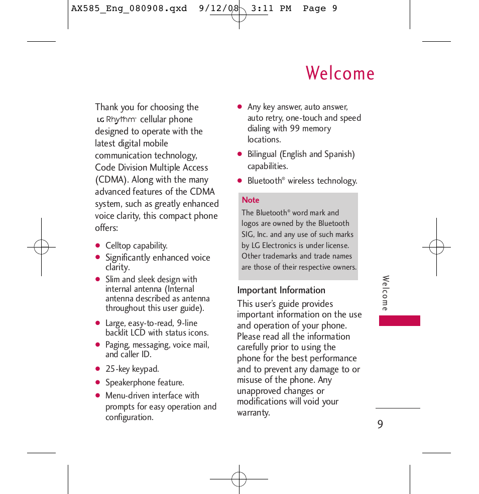 Welcome | LG LGAX585 User Manual | Page 9 / 119