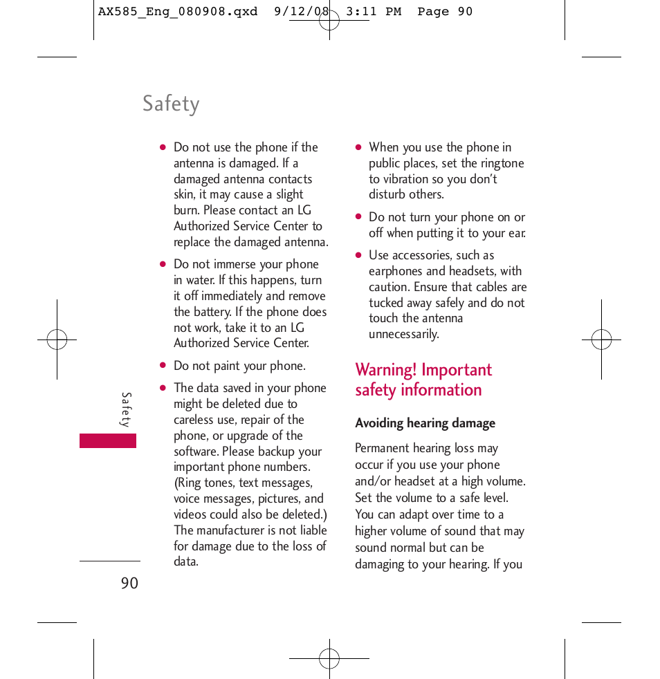 Safety, Warning! important safety information | LG LGAX585 User Manual | Page 90 / 119