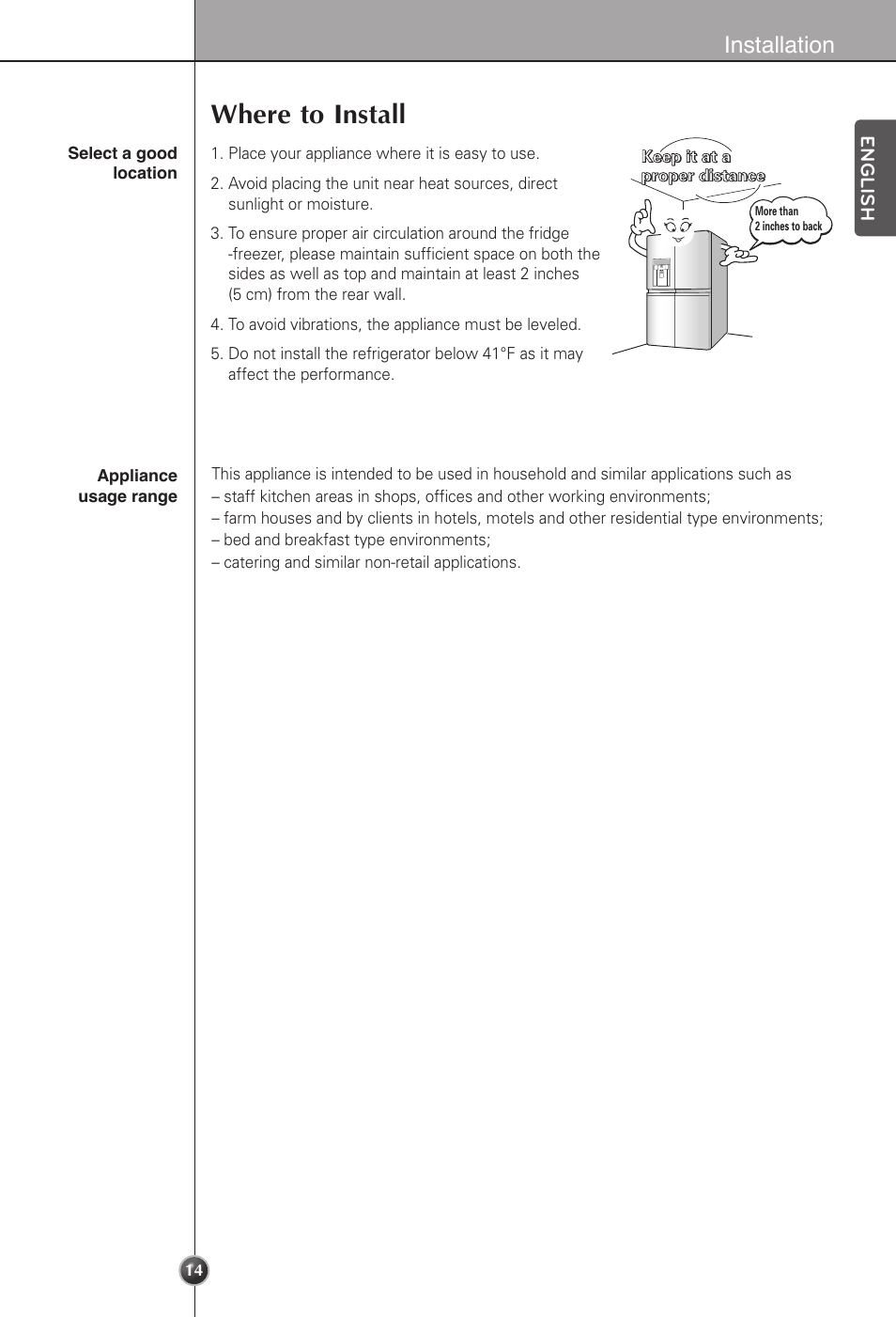 Where to install, Installation | LG LSC22991ST User Manual | Page 14 / 46