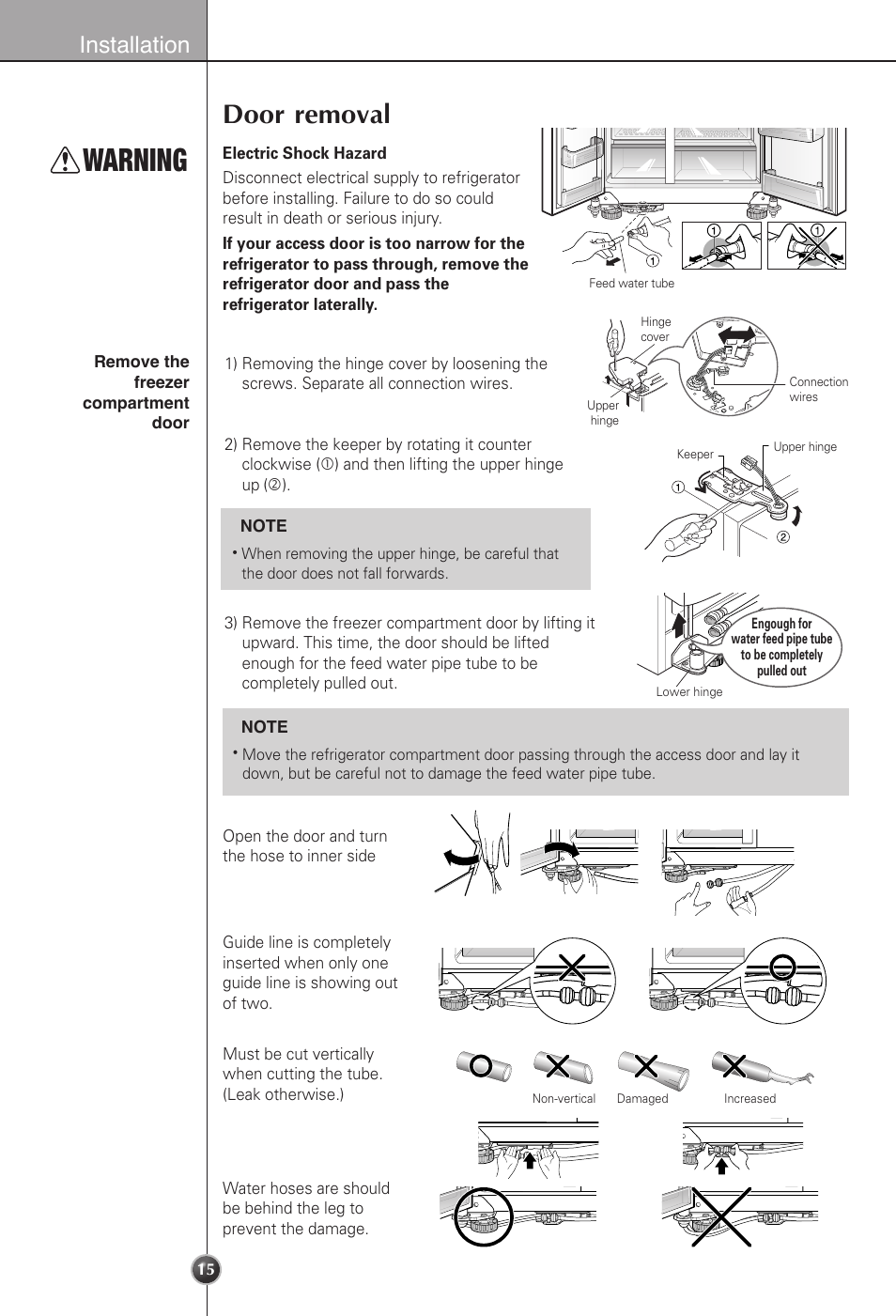 Warning, Door removal, Installation | LG LSC22991ST User Manual | Page 15 / 46