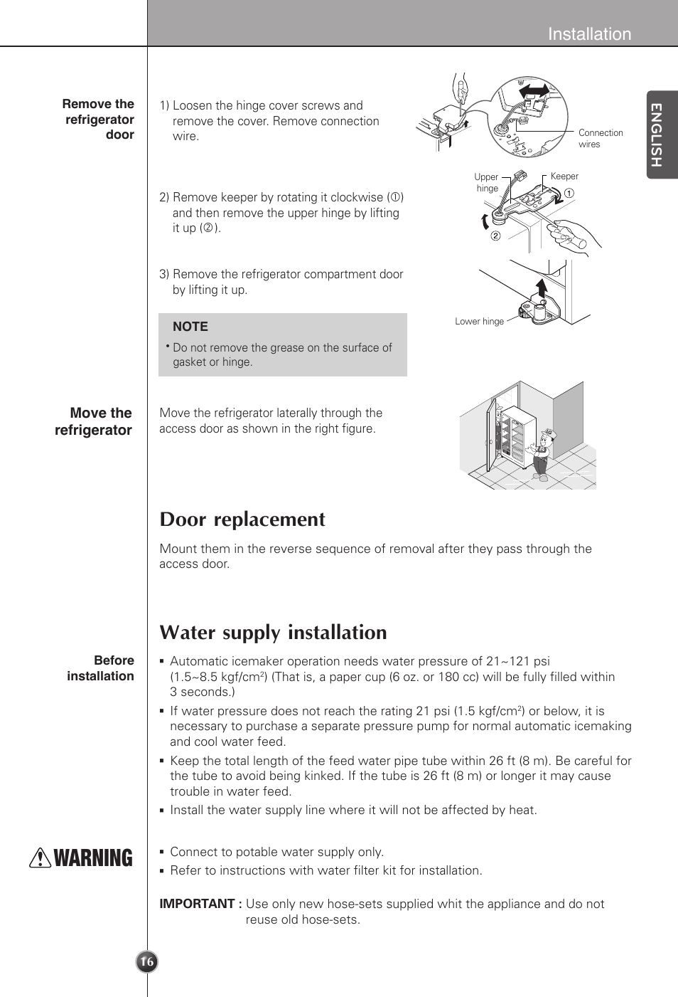 Warning, Door replacement, Water supply installation | Installation, English, Move the refrigerator | LG LSC22991ST User Manual | Page 16 / 46