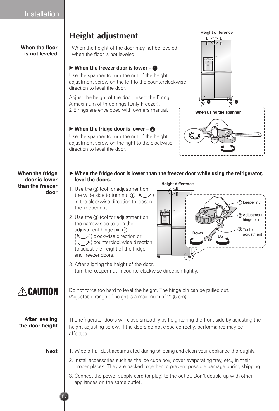 Caution, Height adjustment, Installation | LG LSC22991ST User Manual | Page 17 / 46