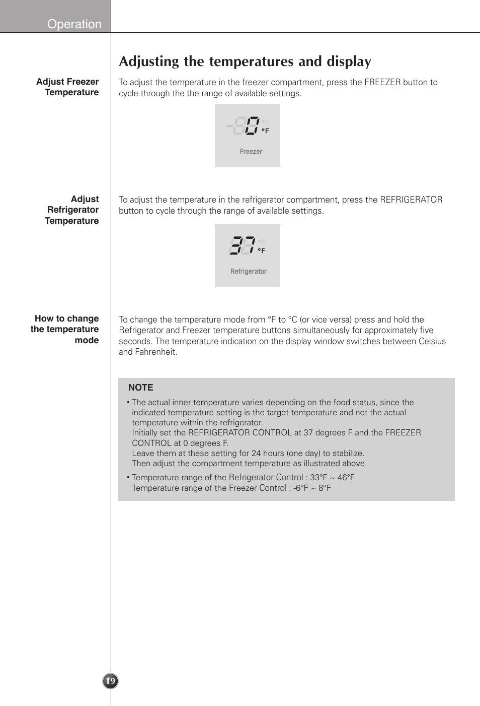 Adjusting the temperatures and display, Operation | LG LSC22991ST User Manual | Page 19 / 46