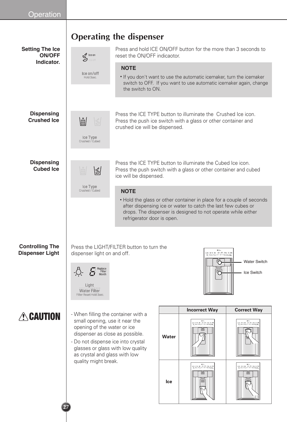 Caution, Operating the dispenser, Operation | LG LSC22991ST User Manual | Page 27 / 46