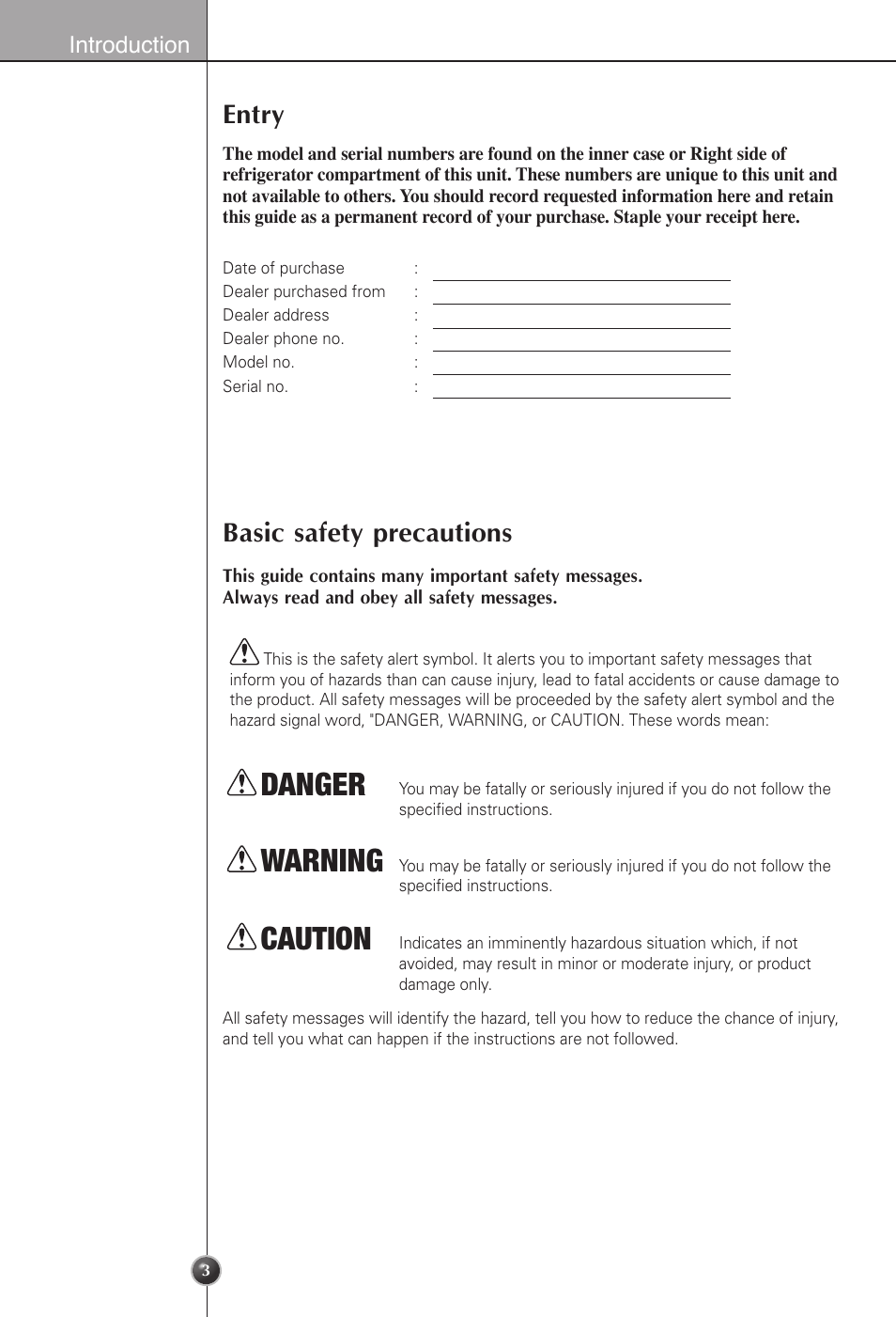 Danger, Warning, Caution | Entry, Basic safety precautions, Introduction | LG LSC22991ST User Manual | Page 3 / 46