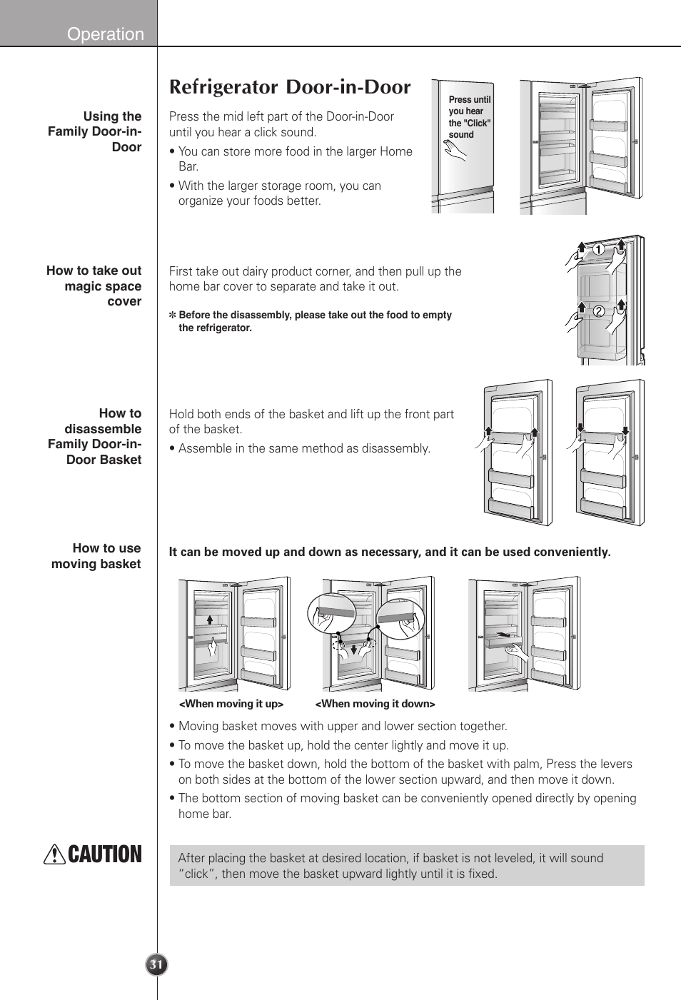 Caution, Refrigerator door-in-door, Operation | LG LSC22991ST User Manual | Page 31 / 46