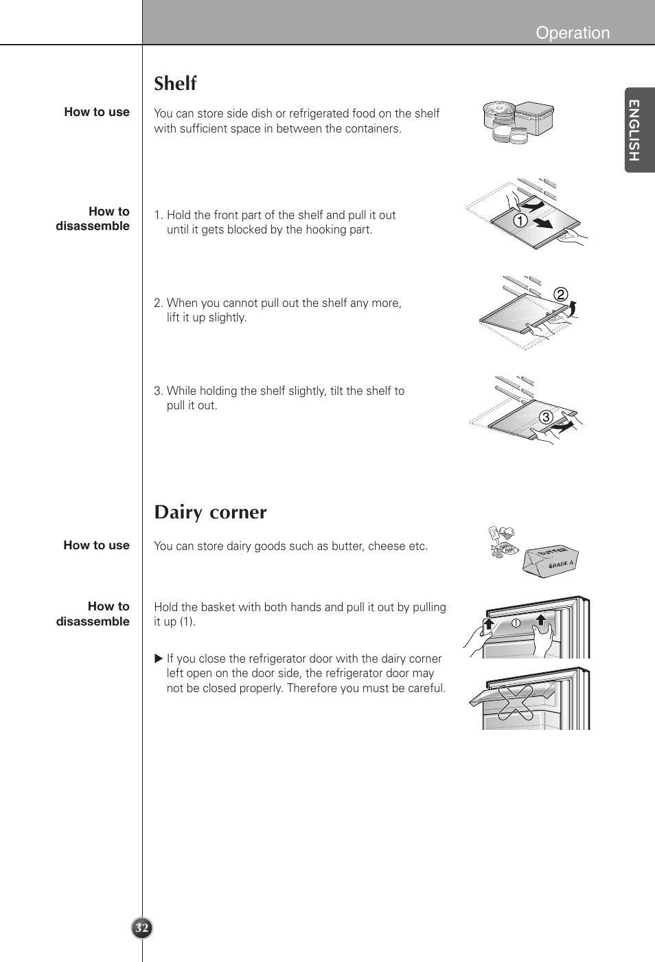 Shelf, Dairy corner, Operation | LG LSC22991ST User Manual | Page 32 / 46
