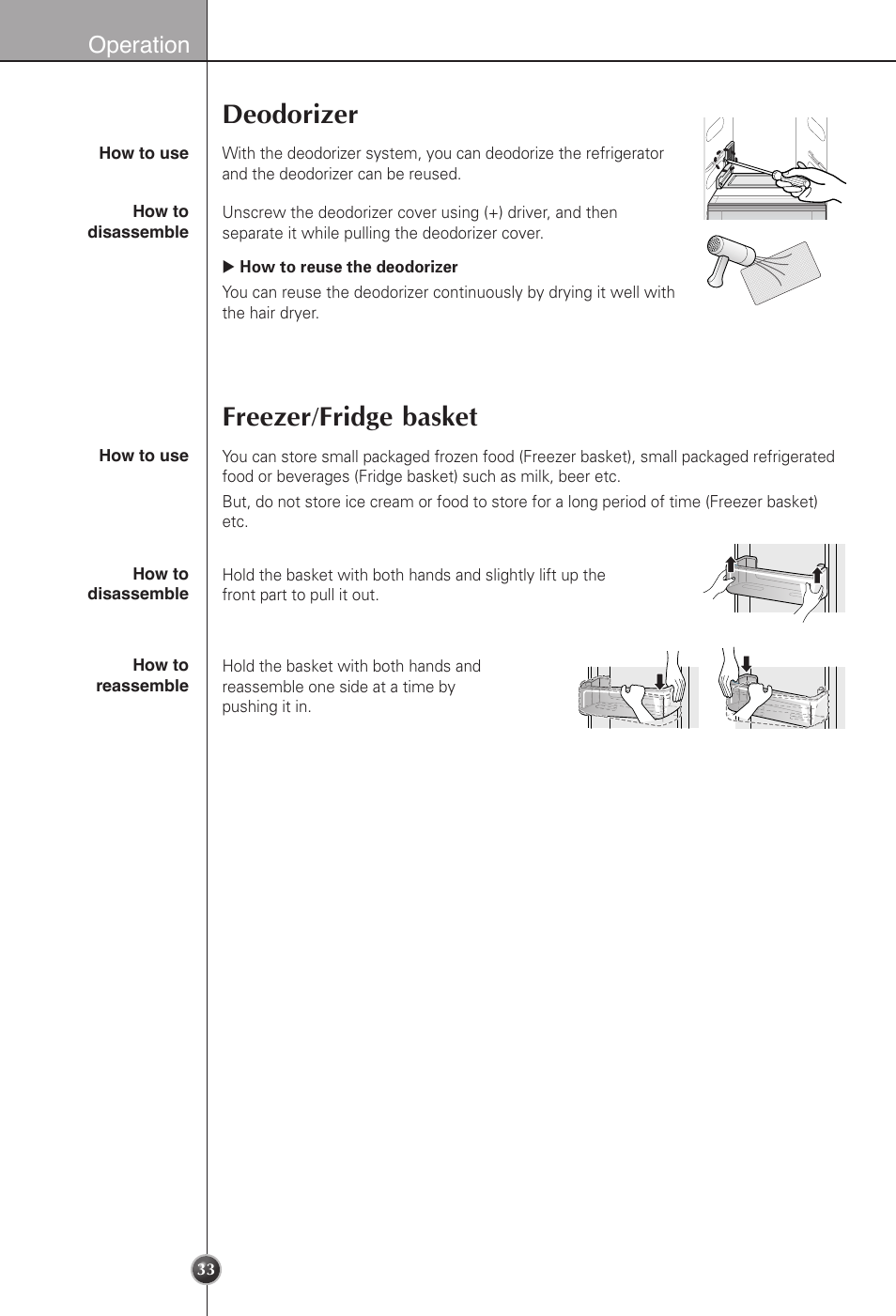 Deodorizer, Freezer/fridge basket, Operation | LG LSC22991ST User Manual | Page 33 / 46