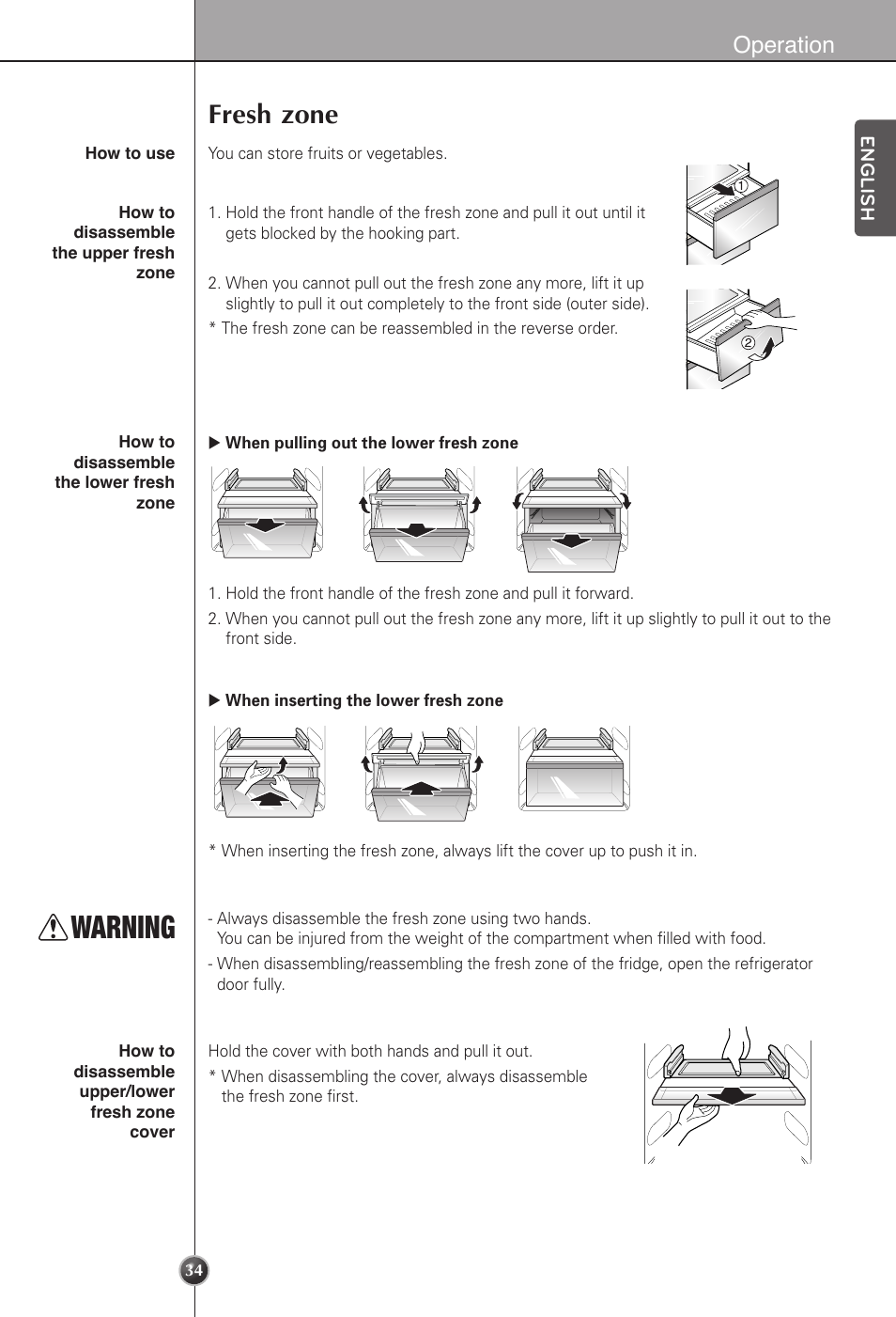 Warning, Fresh zone, Operation | LG LSC22991ST User Manual | Page 34 / 46