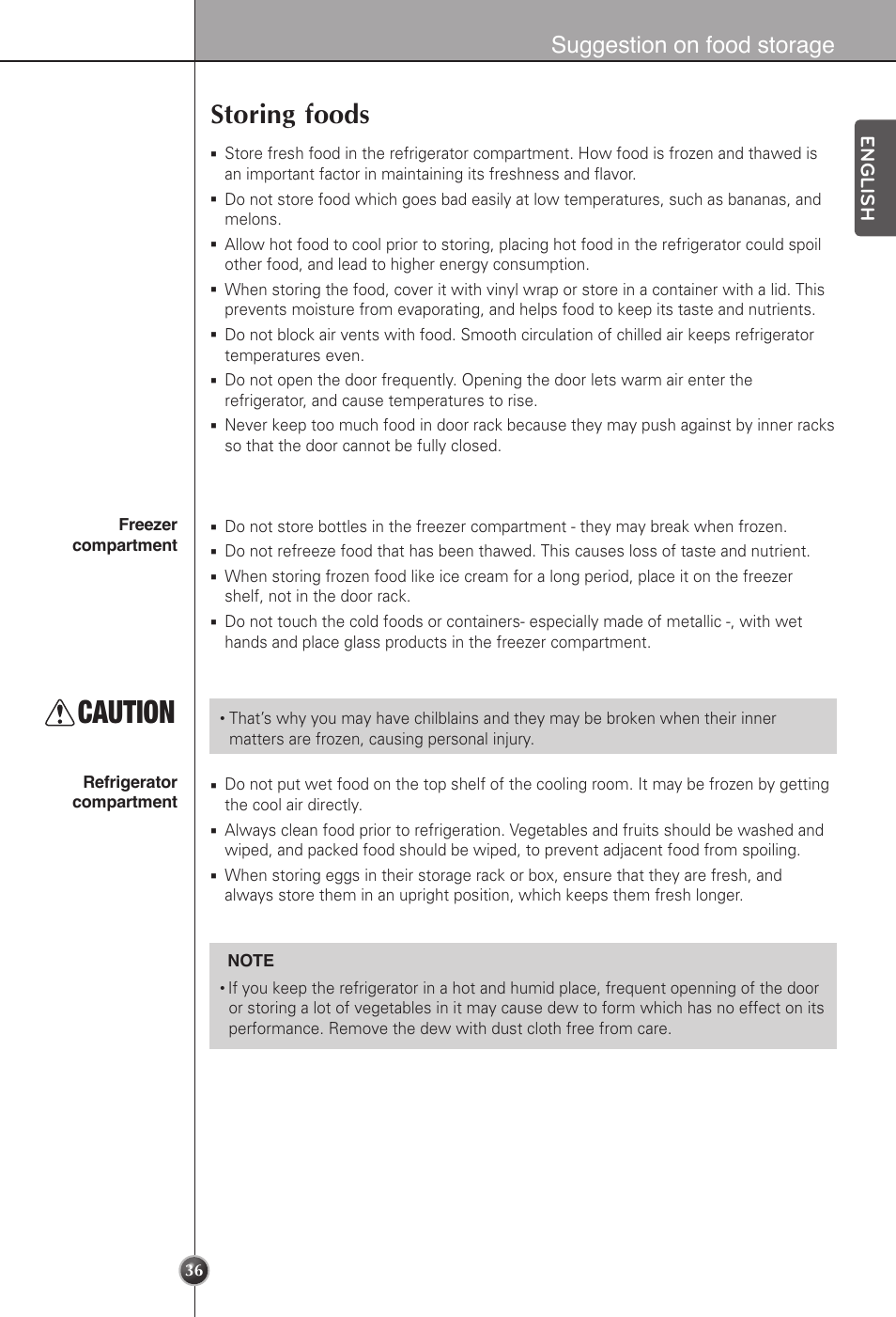 Caution, Storing foods, Suggestion on food storage | English | LG LSC22991ST User Manual | Page 36 / 46