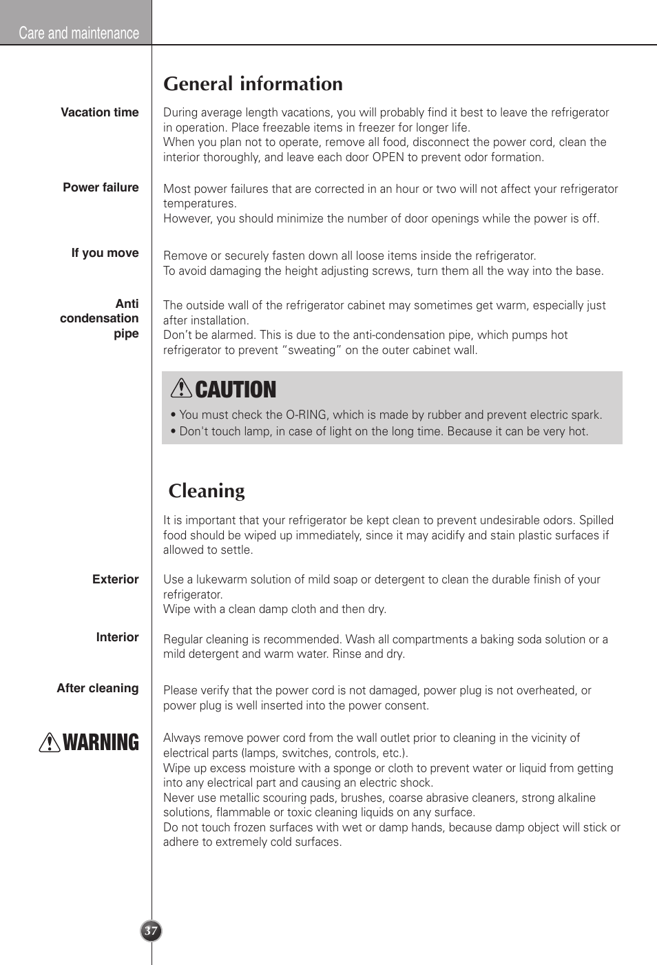 Caution warning, General information cleaning, Care and maintenance | LG LSC22991ST User Manual | Page 37 / 46