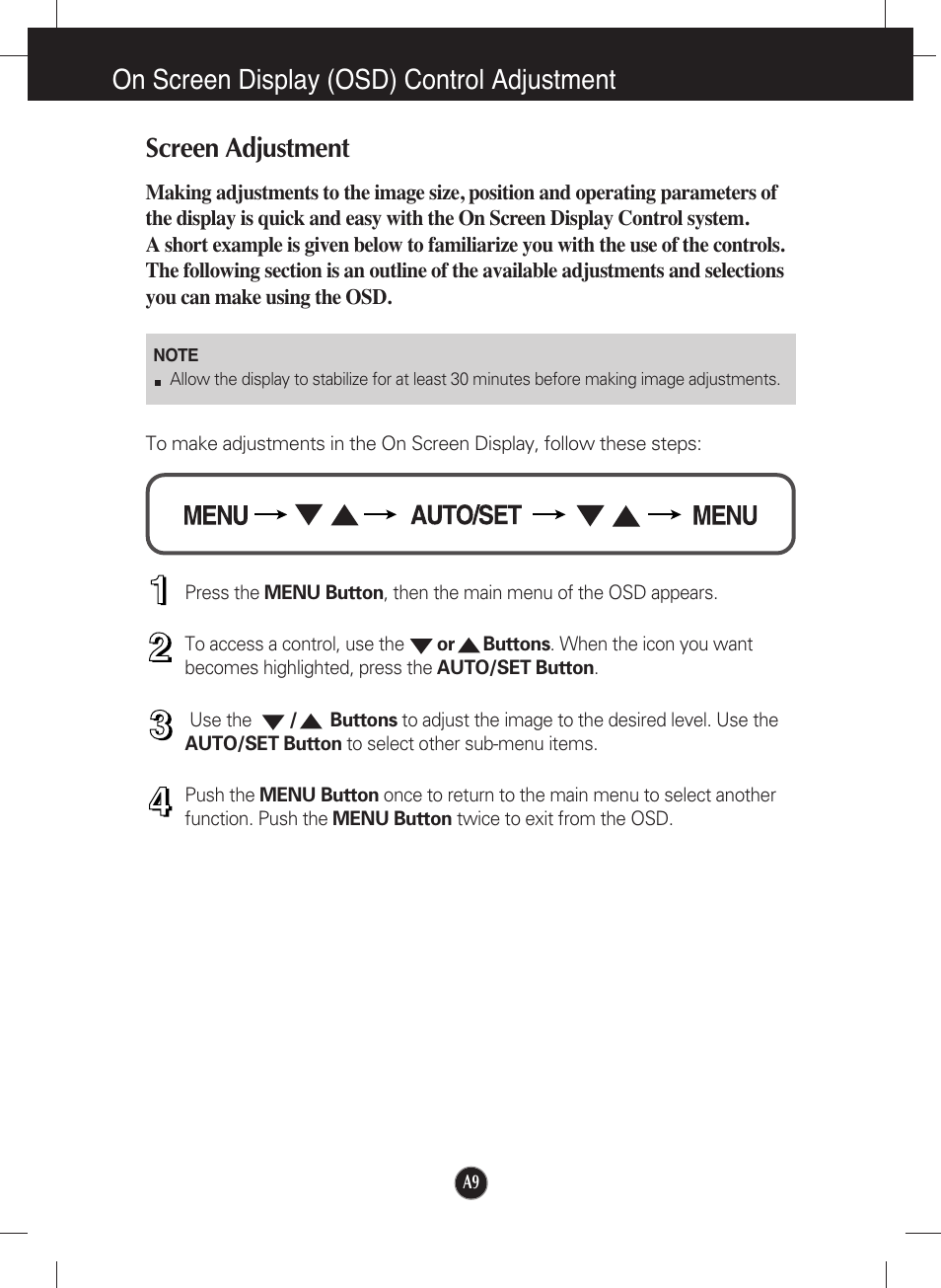 On screen display (osd) control adjustment, Screen adjustment | LG L1942T-BF User Manual | Page 10 / 24