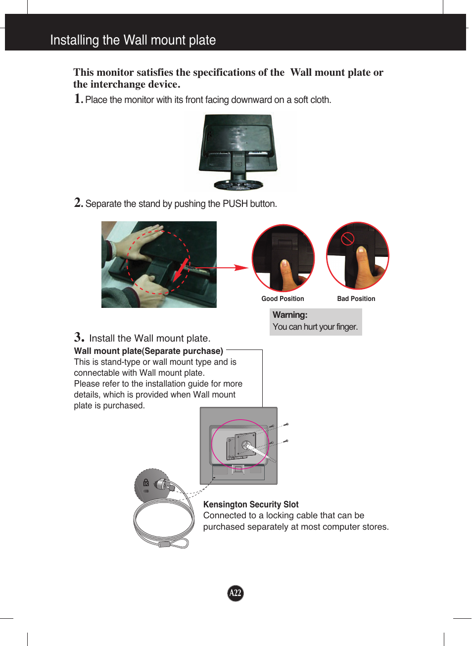 Installing the wall mount plate | LG L1942T-BF User Manual | Page 23 / 24