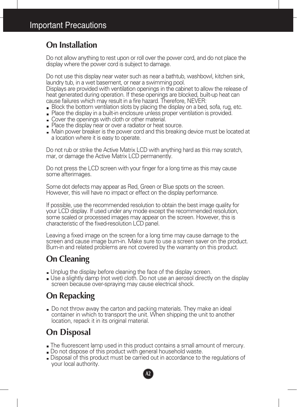 On installation, On cleaning, On repacking | On disposal, Important precautions on installation | LG L1942T-BF User Manual | Page 3 / 24