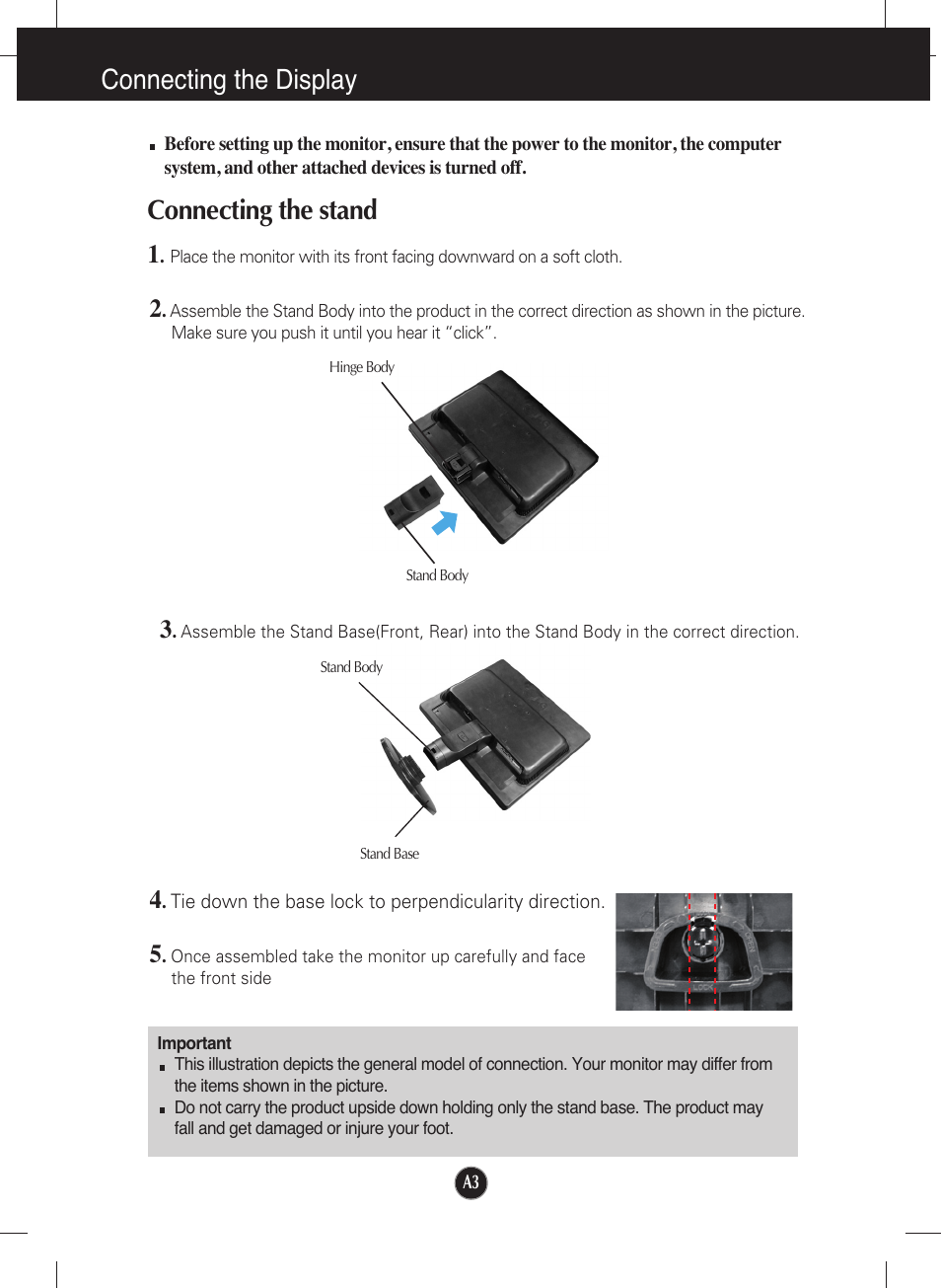 Connecting the display, Connecting the stand | LG L1942T-BF User Manual | Page 4 / 24