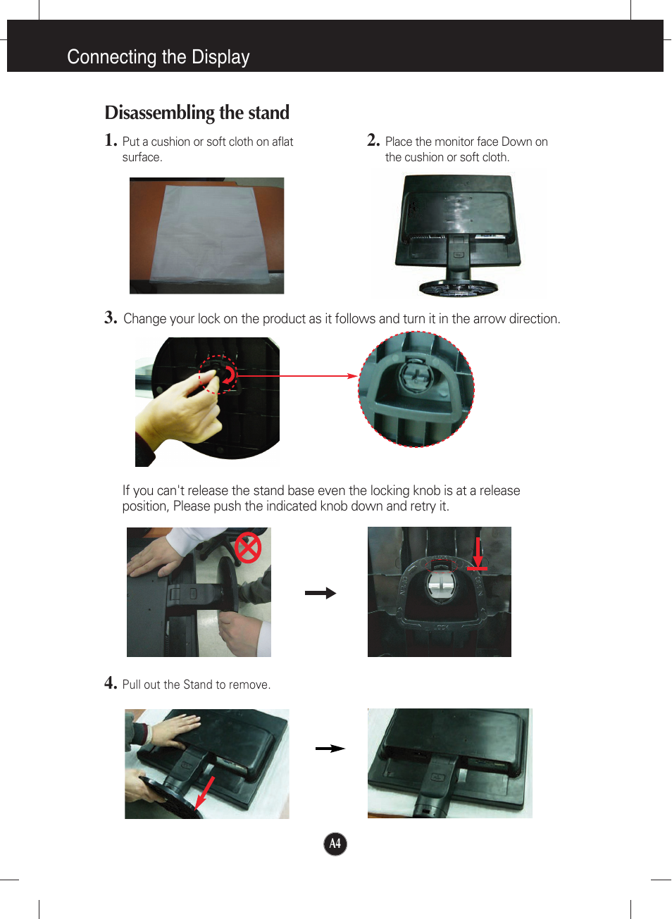 Disassembling the stand, Connecting the display disassembling the stand | LG L1942T-BF User Manual | Page 5 / 24