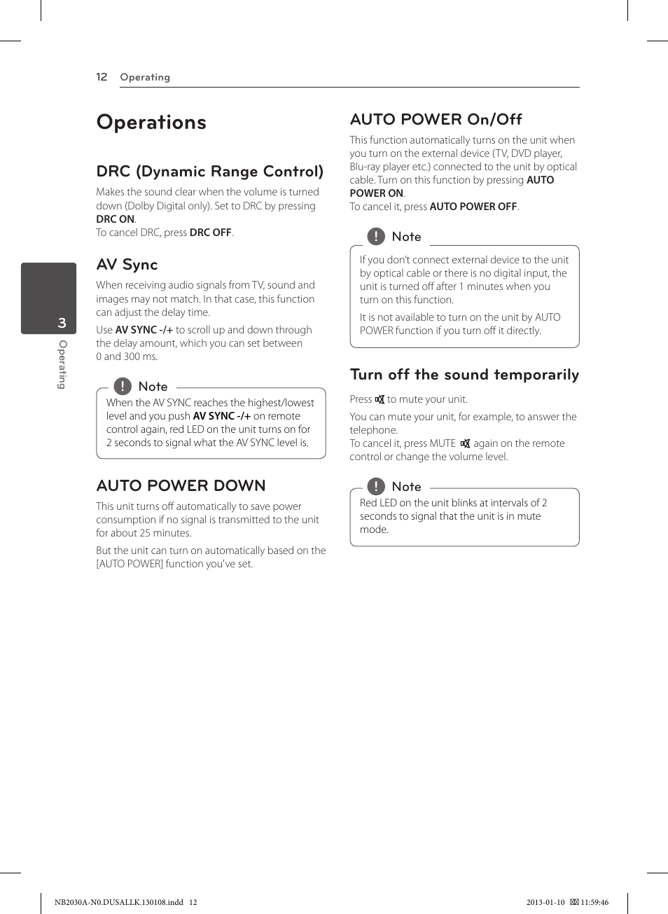 Operations, Drc (dynamic range control), Av sync | Auto power down, Auto power on/off, Turn off the sound temporarily | LG NB2030A User Manual | Page 12 / 18