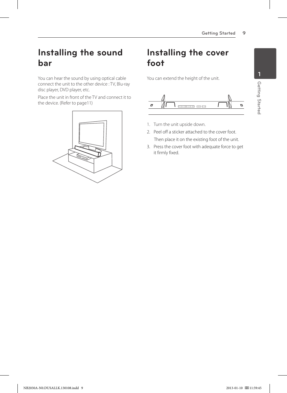 Installing the sound bar, Installing the cover foot | LG NB2030A User Manual | Page 9 / 18