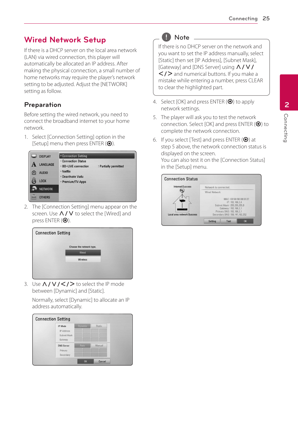 Wired network setup, 25 – wired network setup | LG LHB336 User Manual | Page 25 / 74