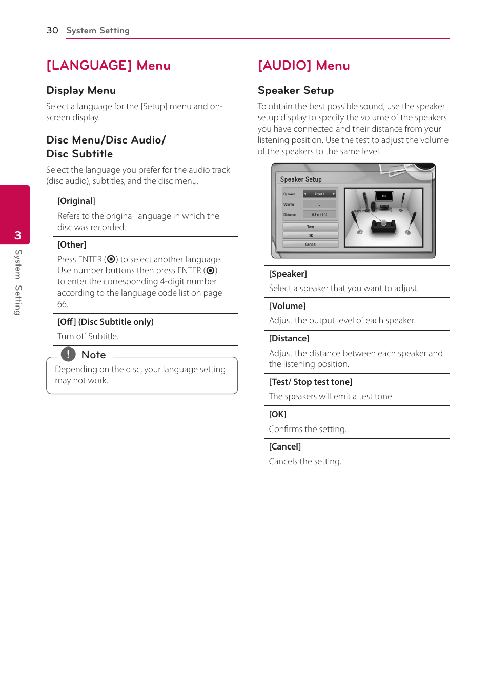 Language] menu, Audio] menu, 30 – [language] menu 30 – [audio] menu | LG LHB336 User Manual | Page 30 / 74