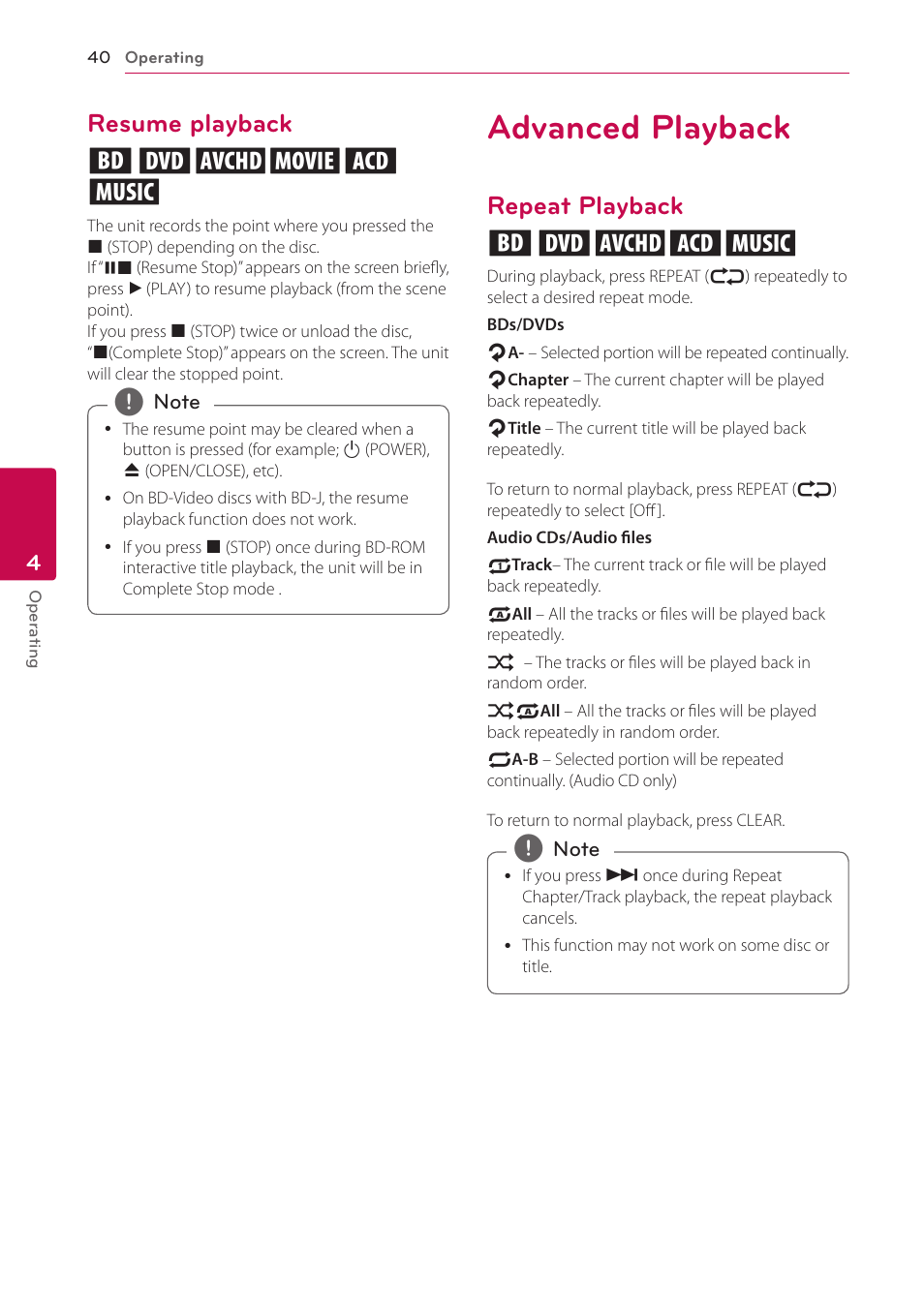 Resume playback, Advanced playback, Repeat playback | Resume playback eroyt u, Repeat playback erotu | LG LHB336 User Manual | Page 40 / 74