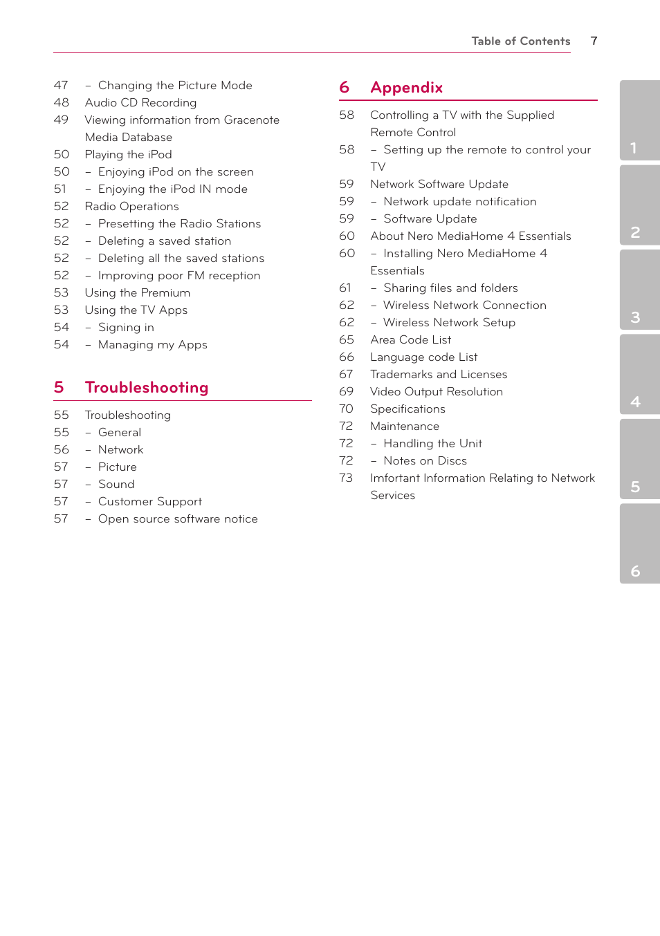 5 troubleshooting, 6 appendix | LG LHB336 User Manual | Page 7 / 74
