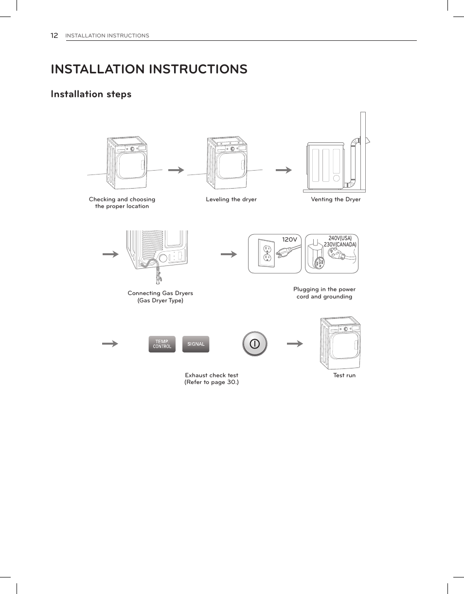 Installation instructions, Installation steps | LG DLGX8001V User Manual | Page 12 / 100