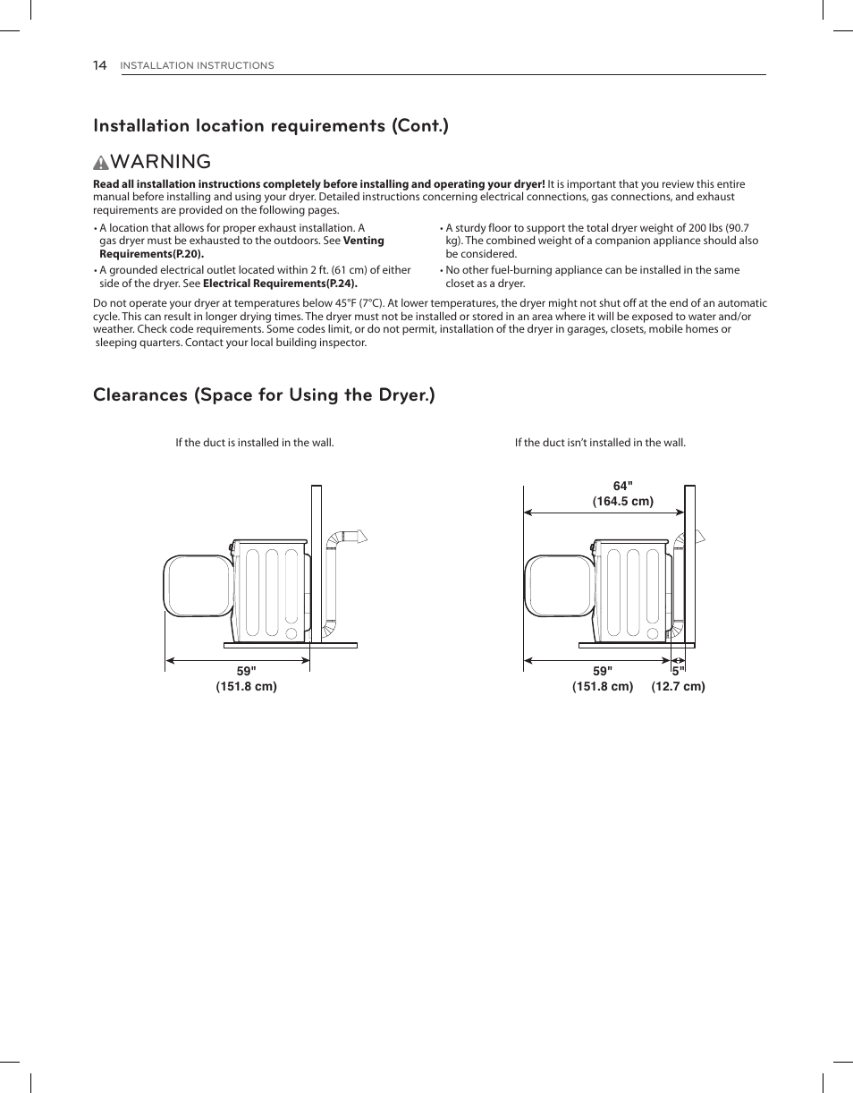 Warning, Installation location requirements (cont.), Clearances (space for using the dryer.) | LG DLGX8001V User Manual | Page 14 / 100