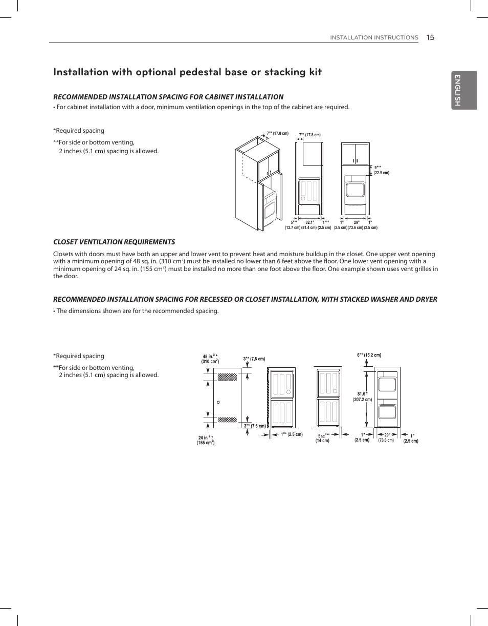 English, Closet ventilation requirements | LG DLGX8001V User Manual | Page 15 / 100