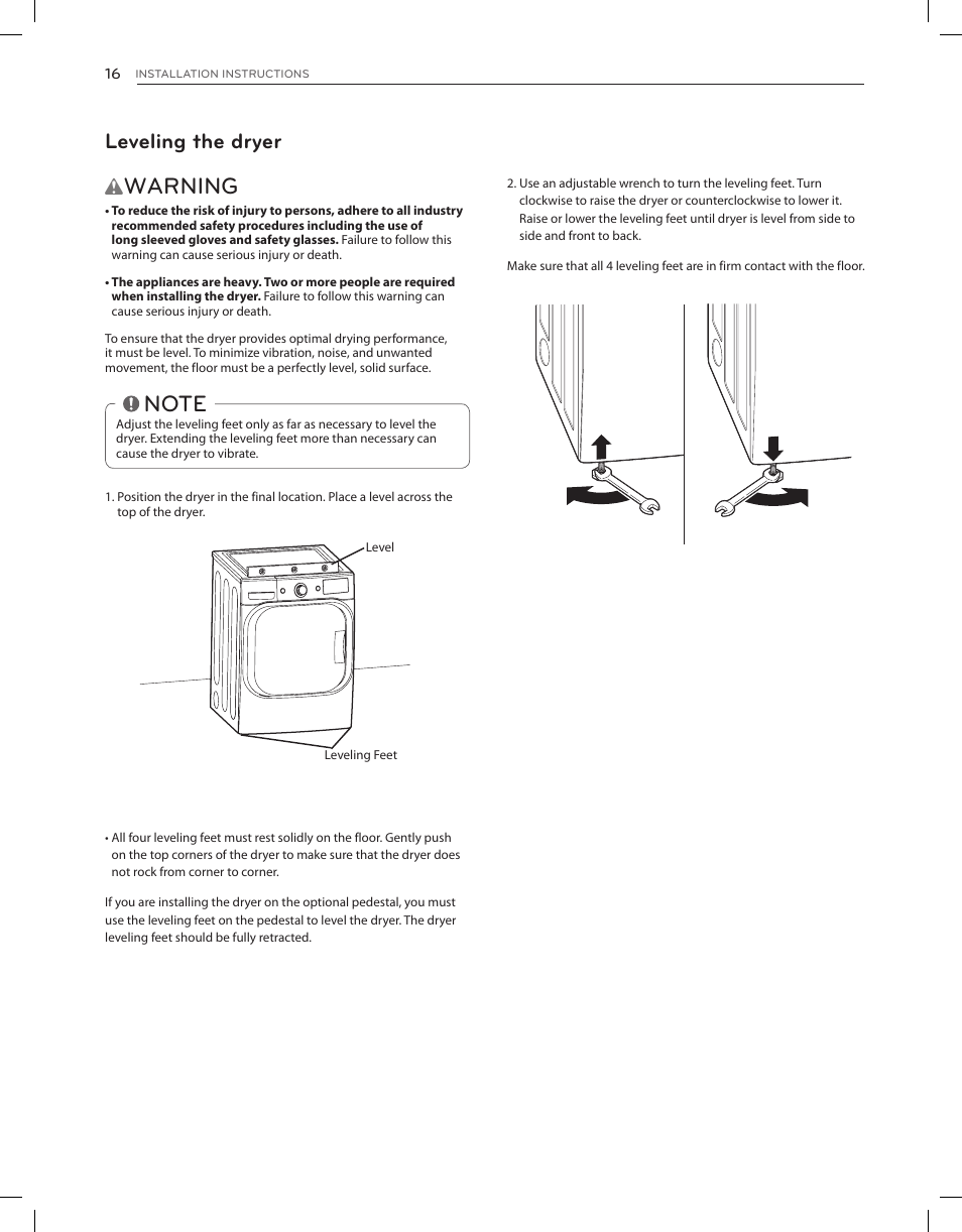 Warning, Leveling the dryer | LG DLGX8001V User Manual | Page 16 / 100