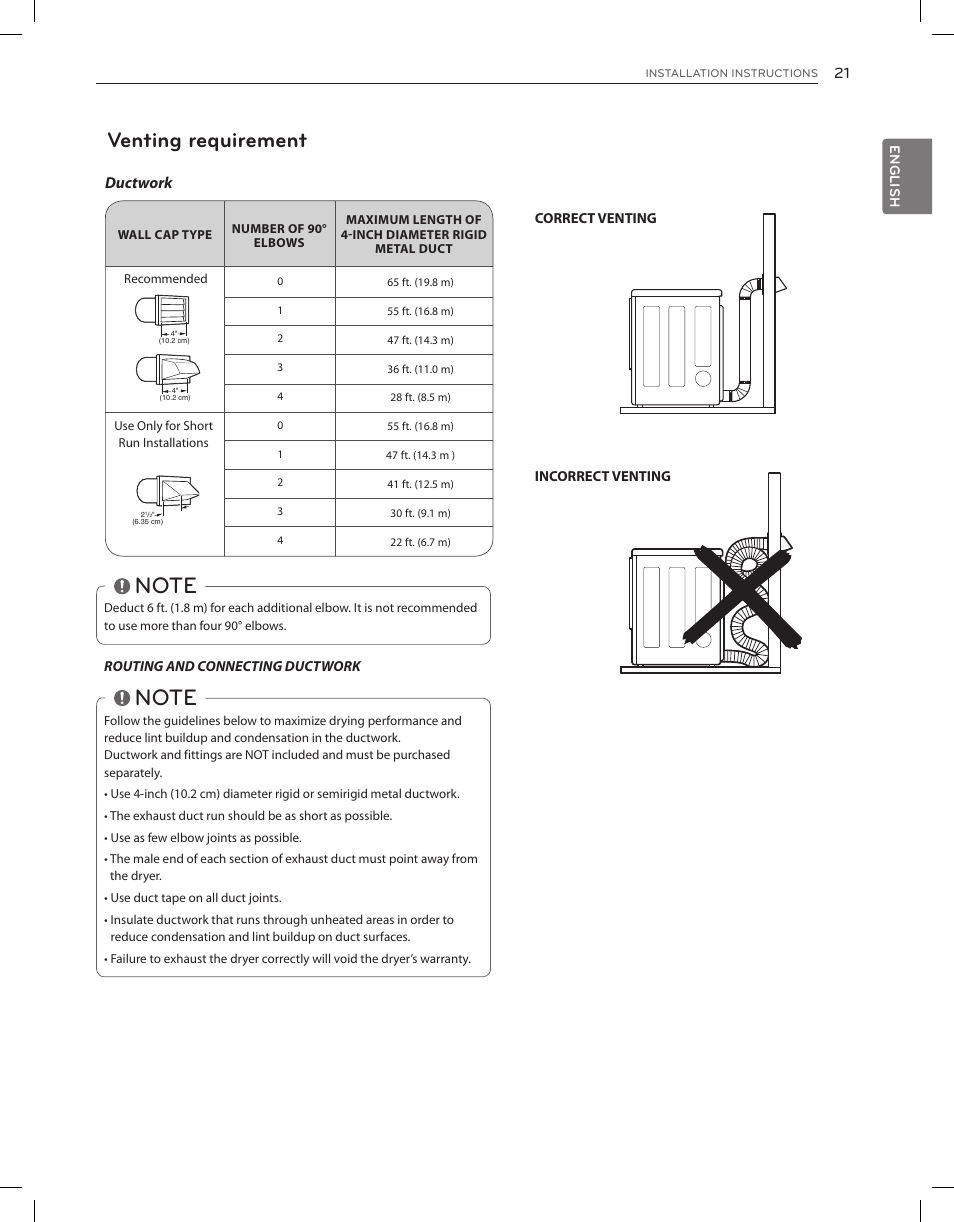 Venting requirement | LG DLGX8001V User Manual | Page 21 / 100