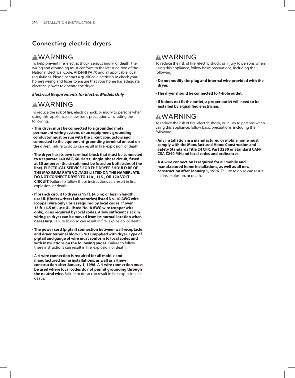 Warning, Connecting electric dryers | LG DLGX8001V User Manual | Page 24 / 100