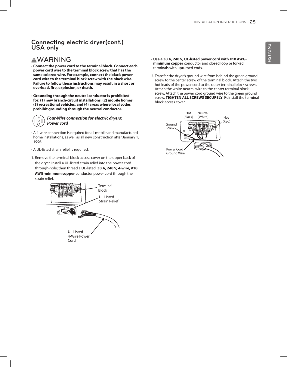 Warning, Connecting electric dryer(cont.) usa only | LG DLGX8001V User Manual | Page 25 / 100