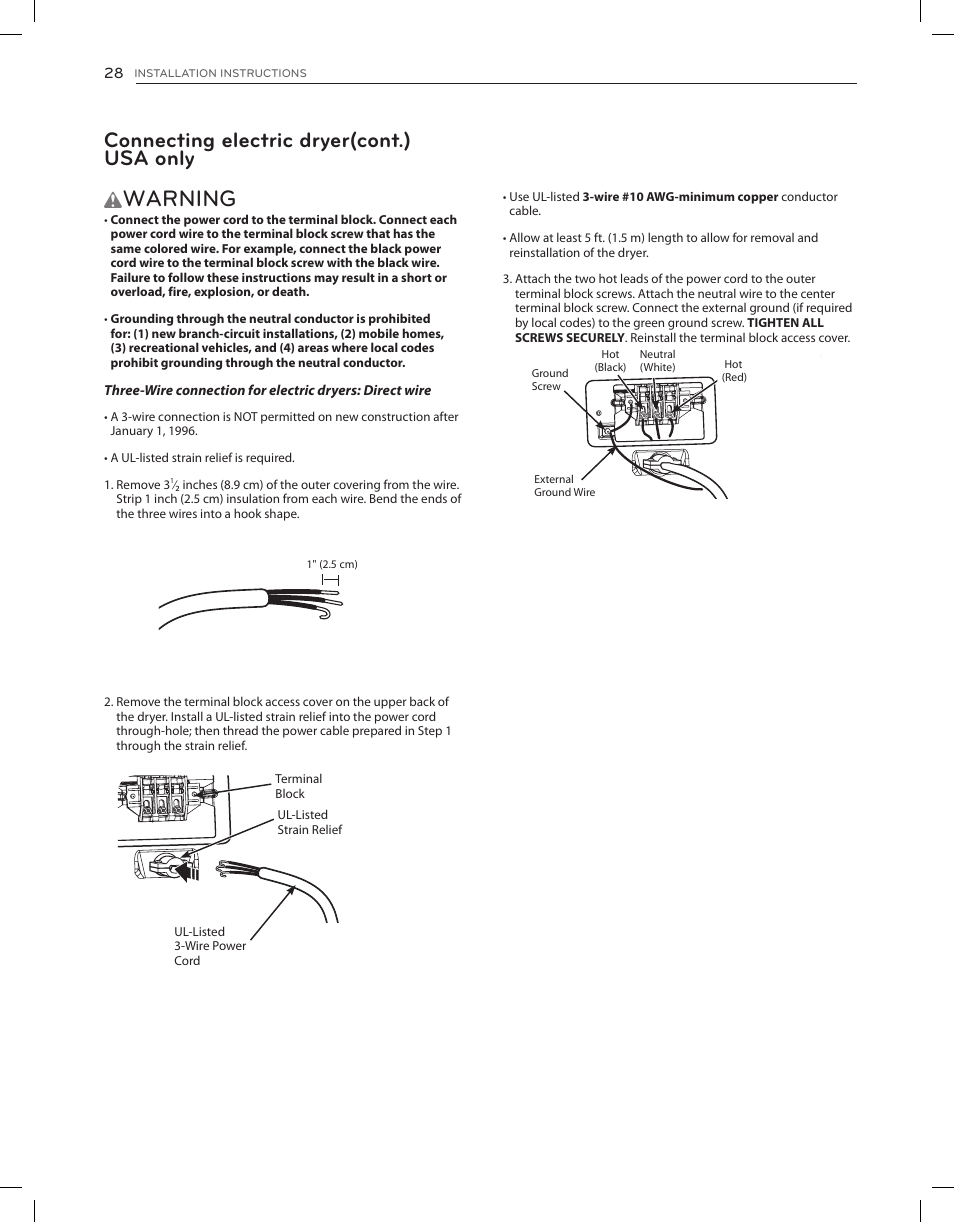 Warning, Connecting electric dryer(cont.) usa only | LG DLGX8001V User Manual | Page 28 / 100