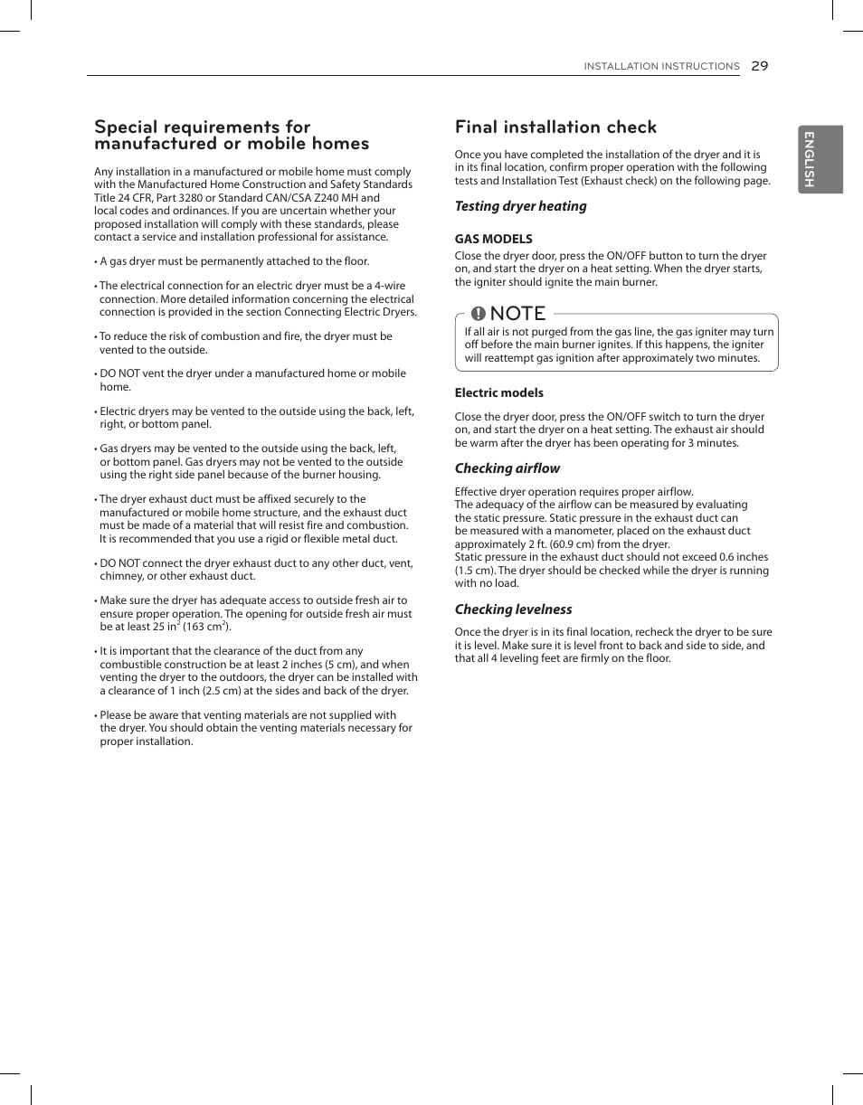 Final installation check | LG DLGX8001V User Manual | Page 29 / 100