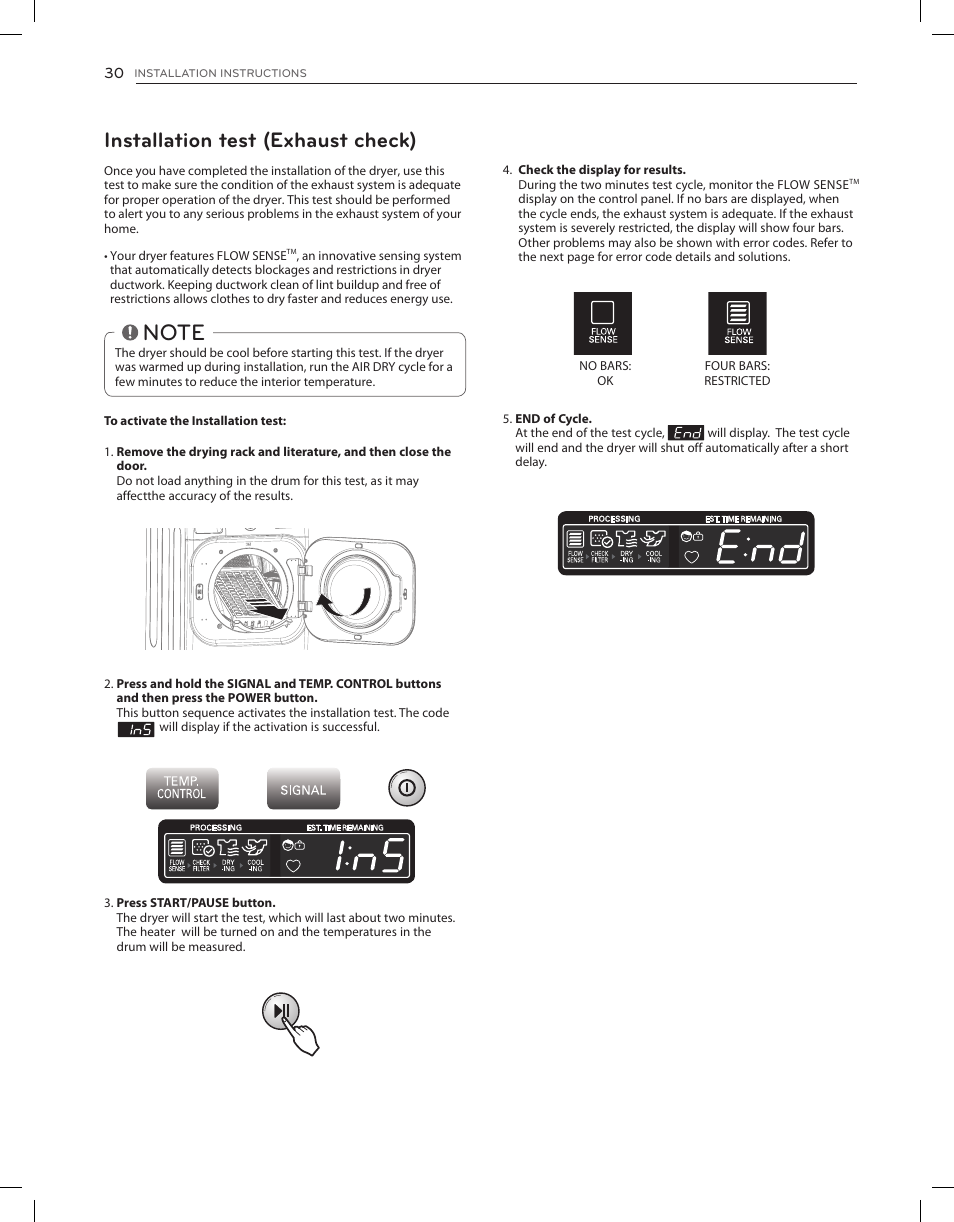 Installation test (exhaust check) | LG DLGX8001V User Manual | Page 30 / 100