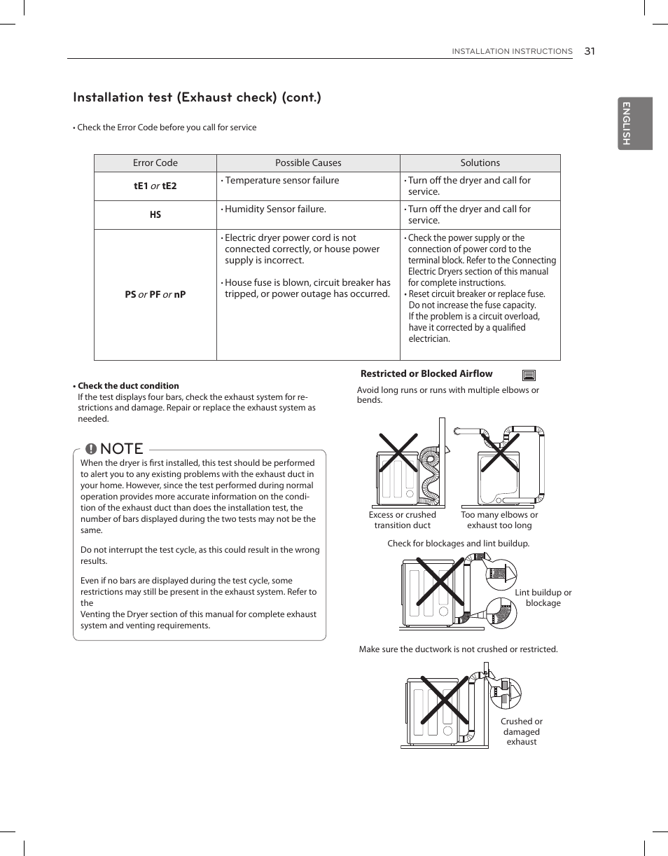 Installation test (exhaust check) (cont.) | LG DLGX8001V User Manual | Page 31 / 100