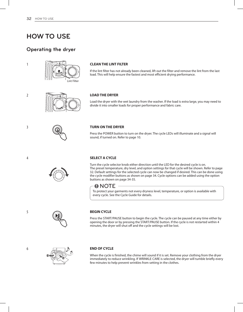 How to use, Operating the dryer | LG DLGX8001V User Manual | Page 32 / 100