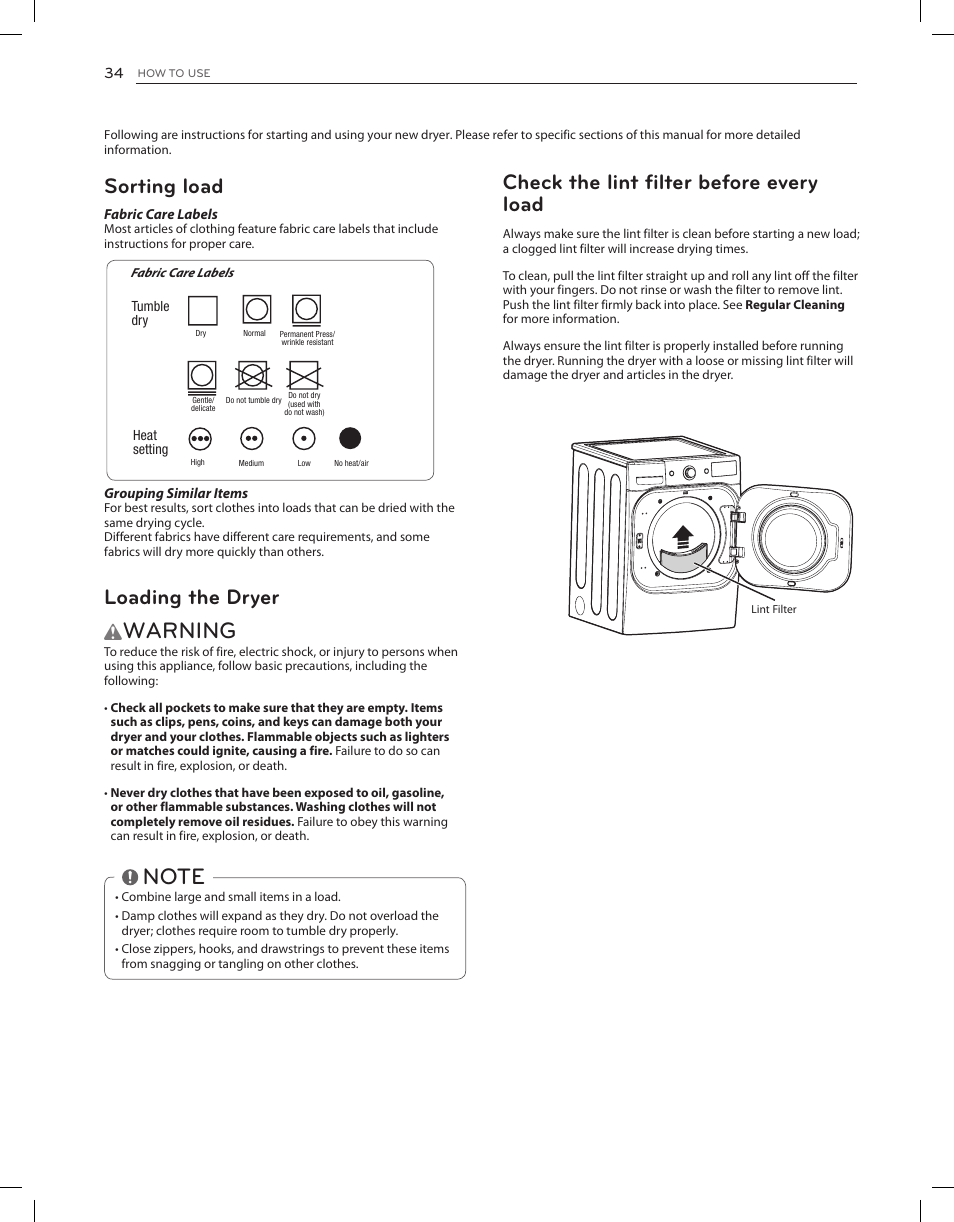 Warning, Check the lint filter before every load, Sorting load | Loading the dryer | LG DLGX8001V User Manual | Page 34 / 100