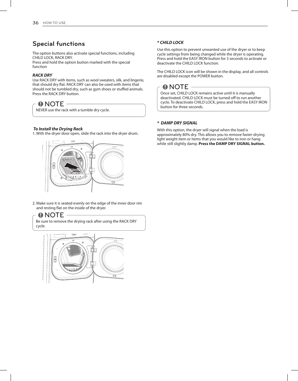 Special functions | LG DLGX8001V User Manual | Page 36 / 100