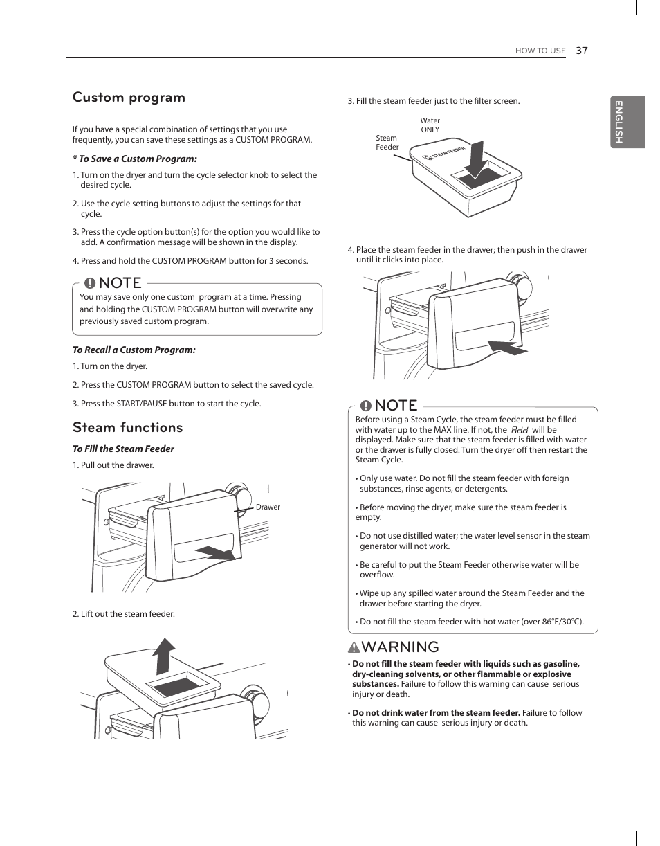 Warning, Custom program, Steam functions | LG DLGX8001V User Manual | Page 37 / 100