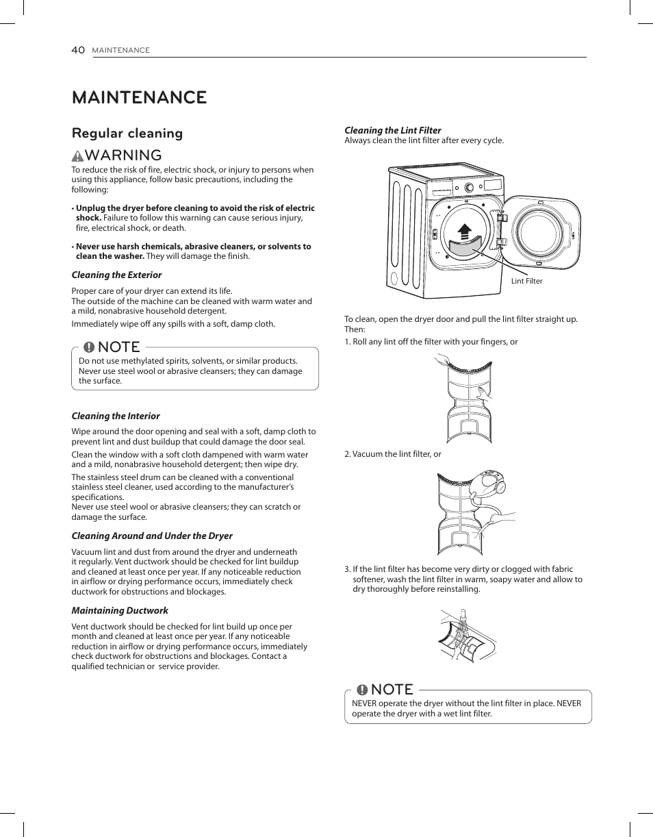 Maintenance, Warning, Regular cleaning | LG DLGX8001V User Manual | Page 40 / 100