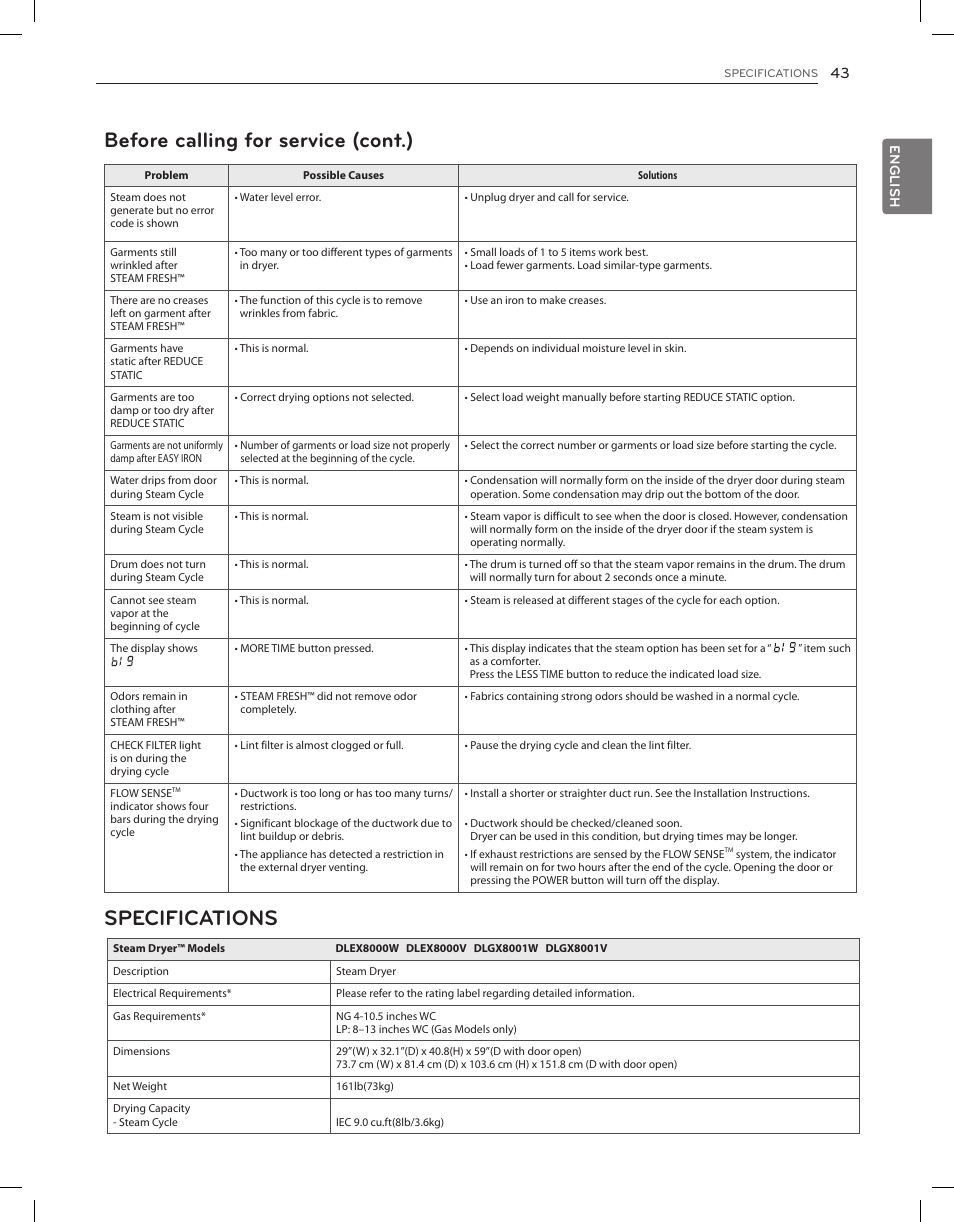 Before calling for service (cont.) specifications | LG DLGX8001V User Manual | Page 43 / 100