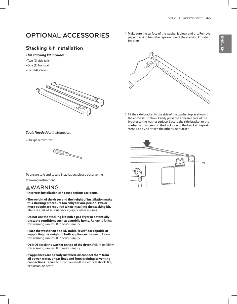 Optional accessories, Warning, Stacking kit installation | LG DLGX8001V User Manual | Page 45 / 100