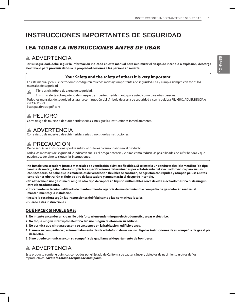 Instrucciones importantes de seguridad, Advertencia, Peligro | Precaución | LG DLGX8001V User Manual | Page 51 / 100